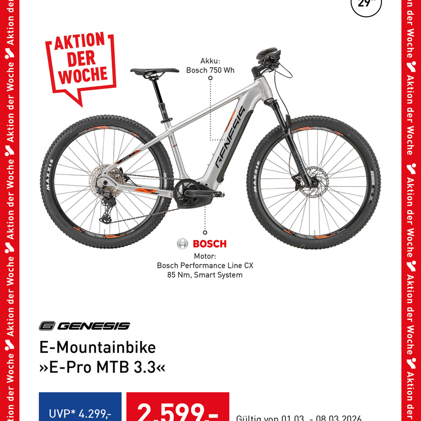 Advertisement for a Genesis E-Mountainbike, featuring a Bosch Performance Line CX 85 Nm motor. Priced at 2,599. Valid from March 1 to March 8, 2026.