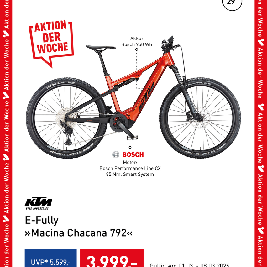 Red advertisement for a red electric bike. The bike is labeled with E-Fully and has a battery of 750 Wh. The brand is Bosch Performance Line CX with 85 Nm, Smart System. It is on sale for 3,999.