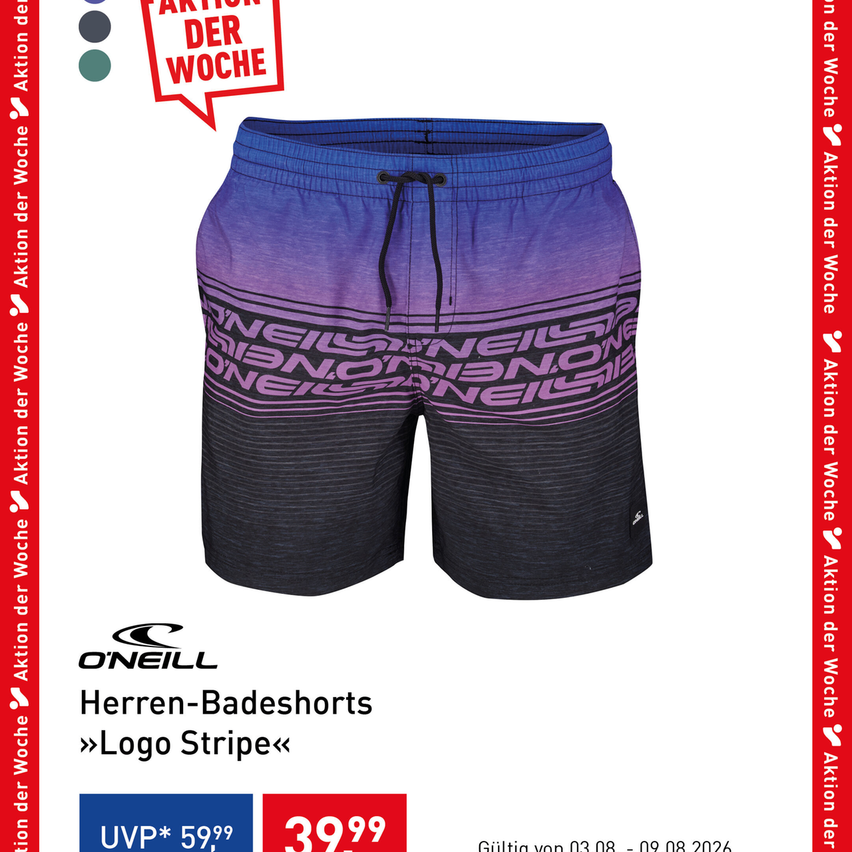 Herren-Badeshorts mit Logo-Streifen-Design, erhältlich in blauem und lilafarbenem Gradient. Die Shorts stammen von O'Neill und sind Teil einer wöchentlichen Aktion. Der Preis beträgt 39,99.