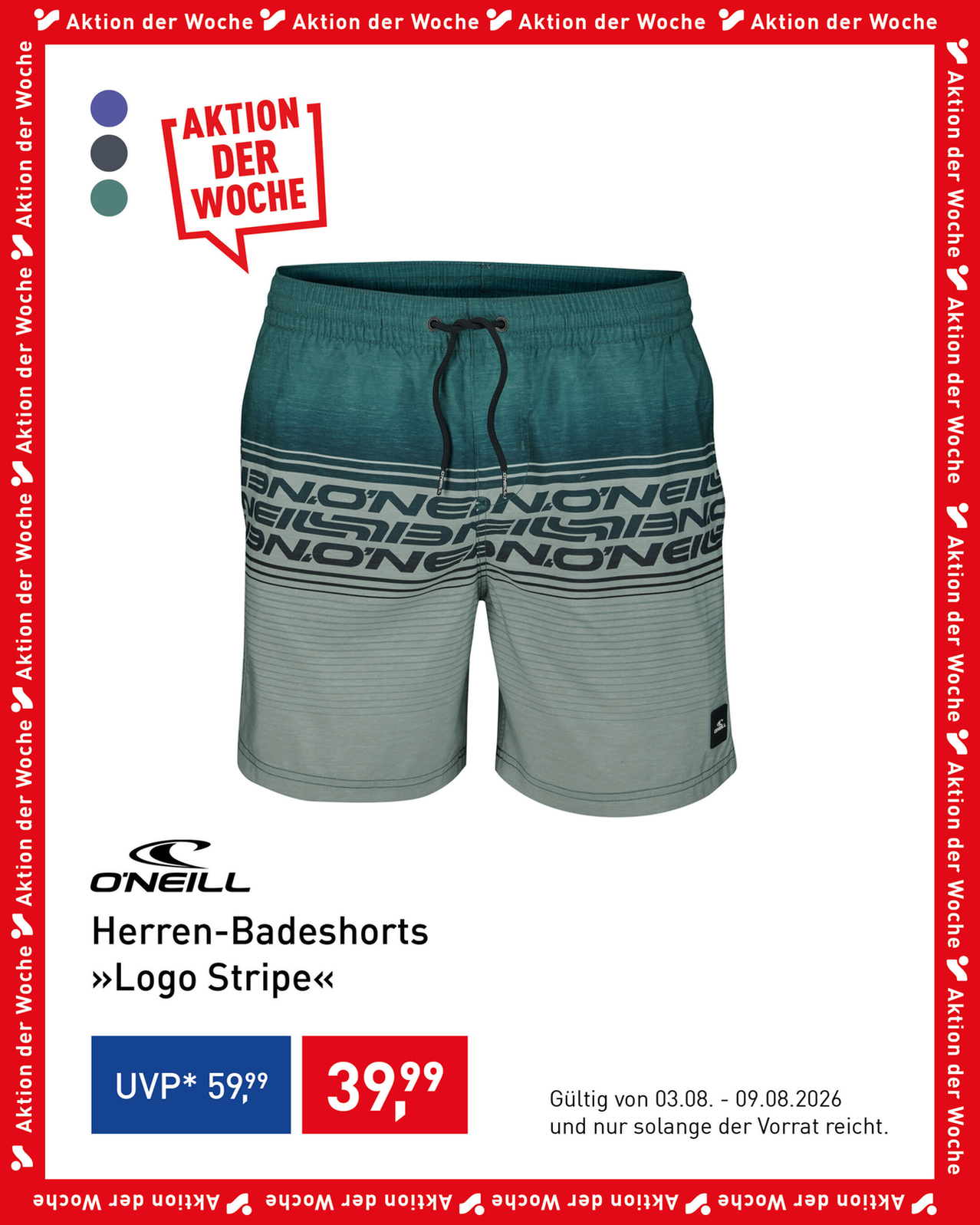 Ein Paar Herren-Badeshorts von O'Neill mit Logo-Streifen, türkis und grau, mit einem schwarzen Kordelzugbund und Taschen. Die Shorts haben einen verblassten Gradienteneffekt und das Logo der Marke ist auf dem linken Bein prominent angebracht.