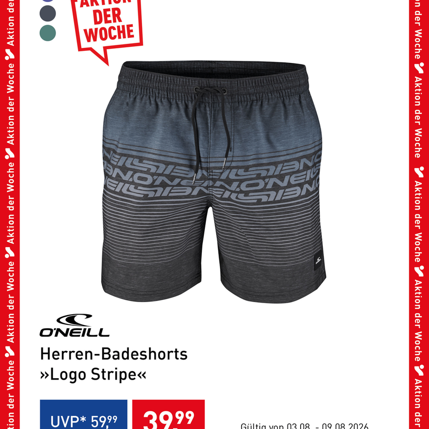 Eine Werbung für O'Neill Herren-Badeshorts mit Logo-Streifen, zum Preis von 39,99, mit einem vorherigen Preis von 59,99. Die Shorts sind grau mit einem schwarzen Streifendesign.