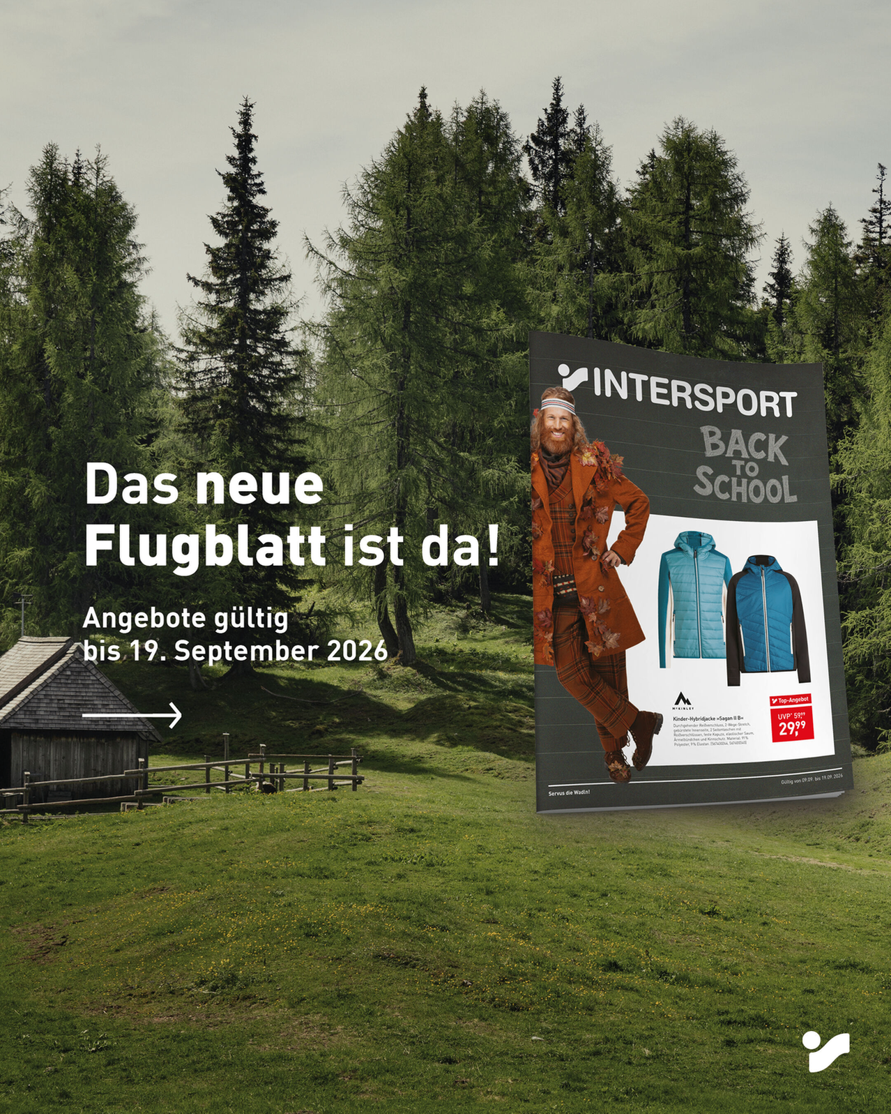 A poster advertising Intersport's back-to-school offers, valid until September 19, 2026, with a man in a forest background.