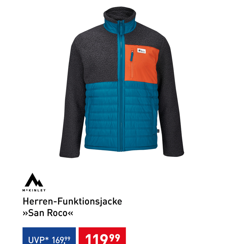A men's functional jacket with a blue and orange color scheme. The jacket has a hood and a zipper. The brand name is visible on the left side.