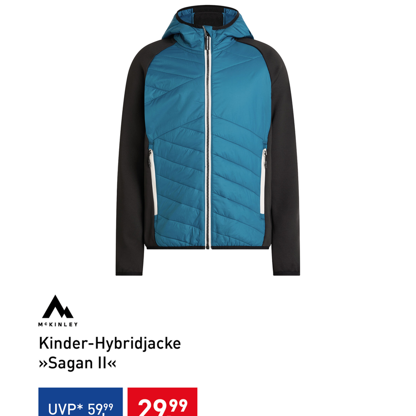 Blue and black jacket with a hood and zippers, displayed on a white background. The jacket is labeled 'Kinder-Hybridjacke' and has a price tag of 29.99 euros.