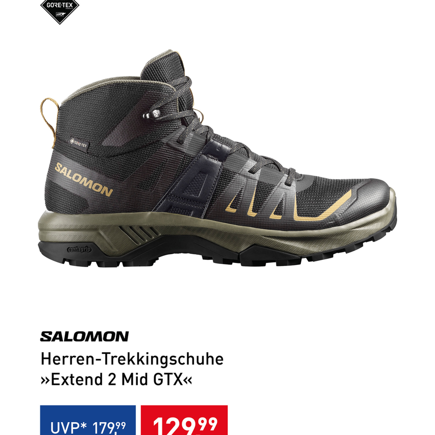 Black Salomon hiking boot with yellow accents on a white background. The shoe is labeled 'Salomon' and 'Extend 2 Mid GTX'. The price is marked as 129.99.