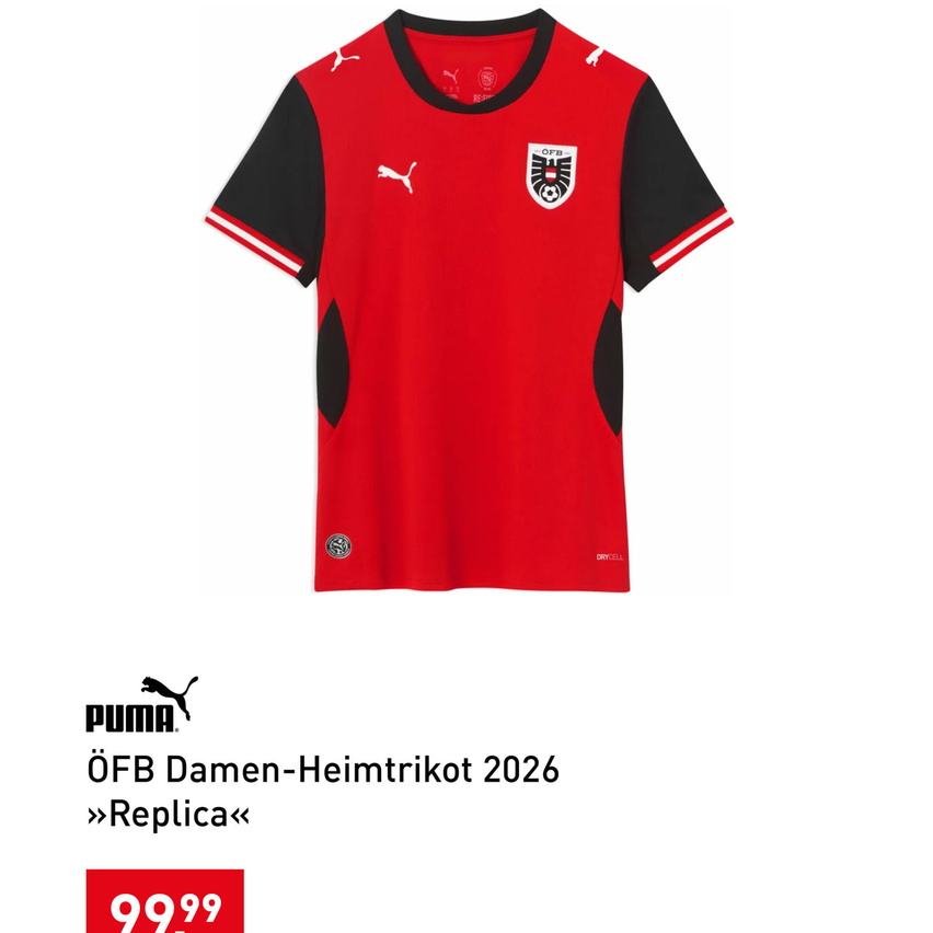 Ein rotes und schwarzes Damen-Fußballtrikot für 2026. Es hat weiße und rote Streifen am Kragen und Puma-Markierung.