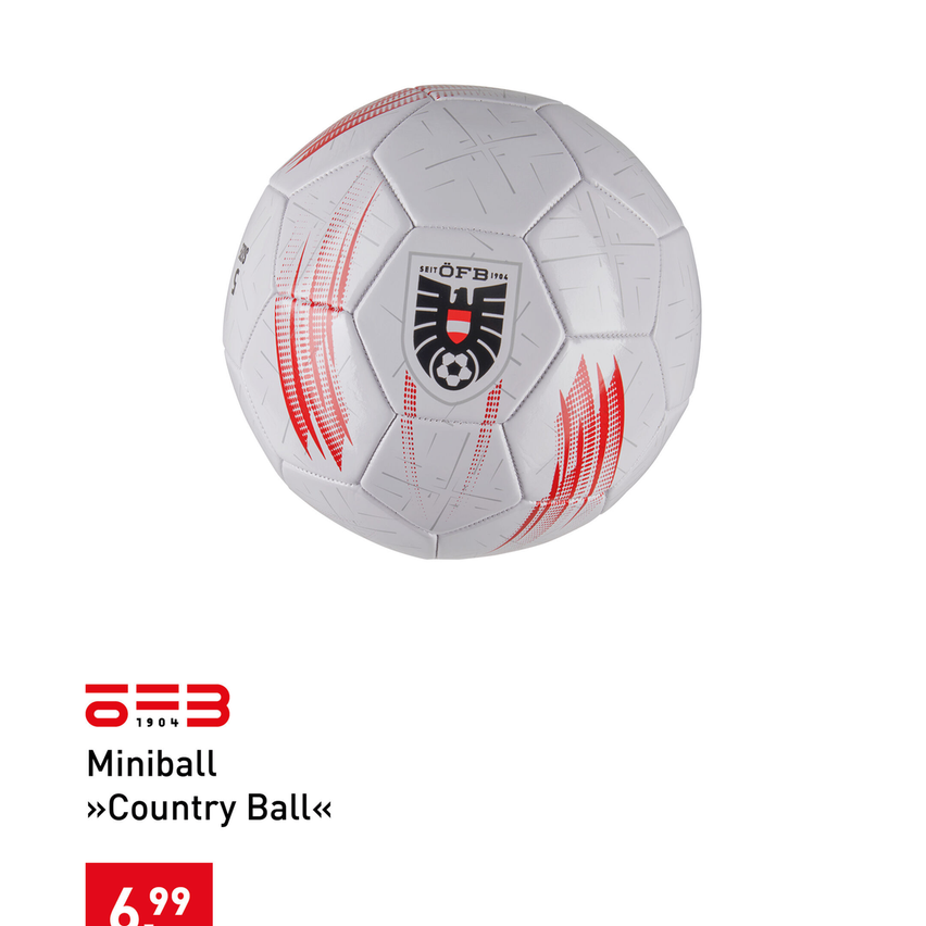 Ein Fußball mit weißem und rotem Design. Es zeigt den Text 'Miniball Country Ball' und den Preis '6,99' unter dem Logo.