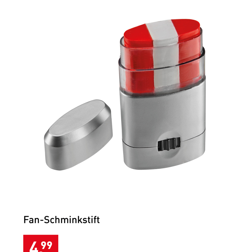 Ein silbernes und rotes zylindrisches Objekt, wahrscheinlich ein Kosmetikprodukt, mit einem Deckel und einer abnehmbaren Abdeckung. Zum Preis von 4,99.