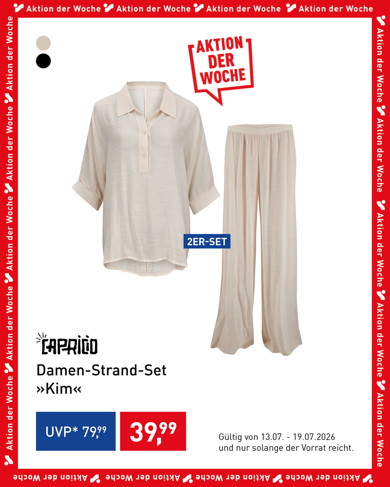 A promotional image for a women's set featuring a short-sleeved shirt and matching trousers, with a price tag of 39.99. The set is part of a weekly sale, and the original price is 79.99. The brand name is Caprio.