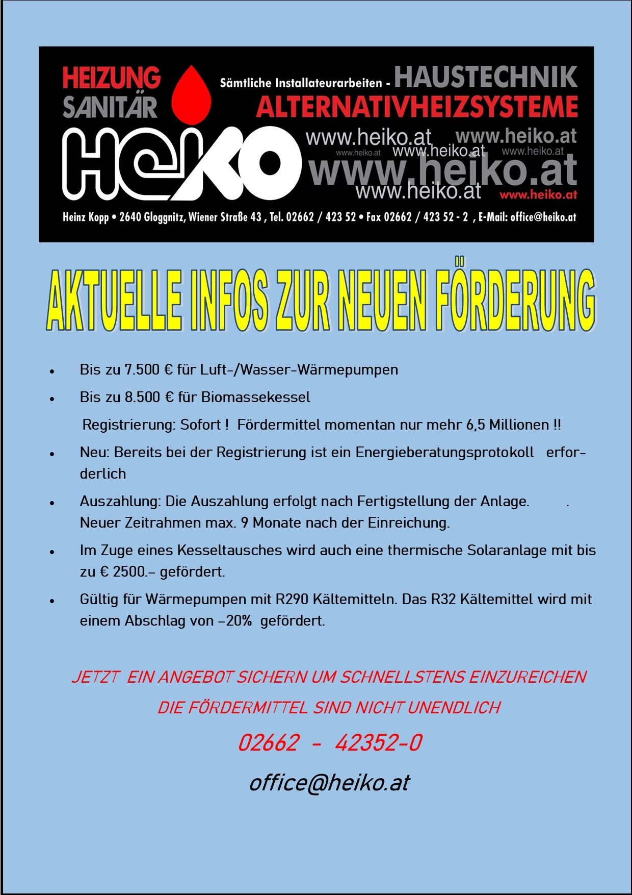 An advertisement for Heiko Kopp, offering financial support for air-water heat pumps and biomass boilers, with a registration deadline and details on the application process.