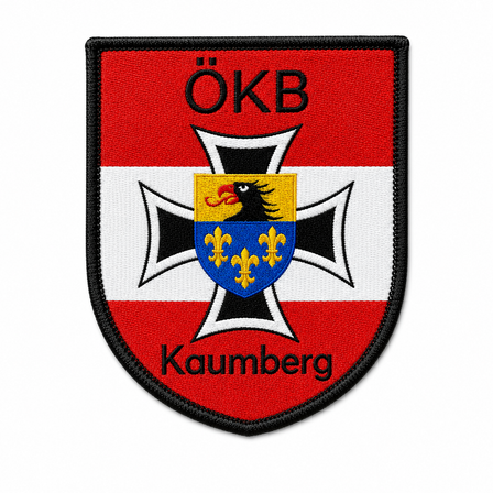 Gesticktes Abzeichen mit dem Wappen von Kaumberg, das einen schwarzen Adler und einen blauen Schild mit Liliensymbolen zeigt. Das Abzeichen ist rot-weiß umrandet.