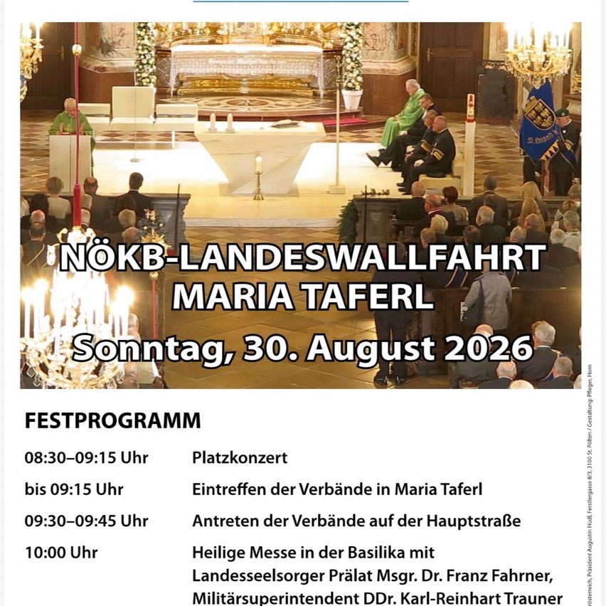 Ein Plakat für eine Kirchenveranstaltung in Maria Taferl, Österreich, mit einem Priester am Altar, Teilnehmern und einem Zeitplan für die Veranstaltung am 30. August 2026.