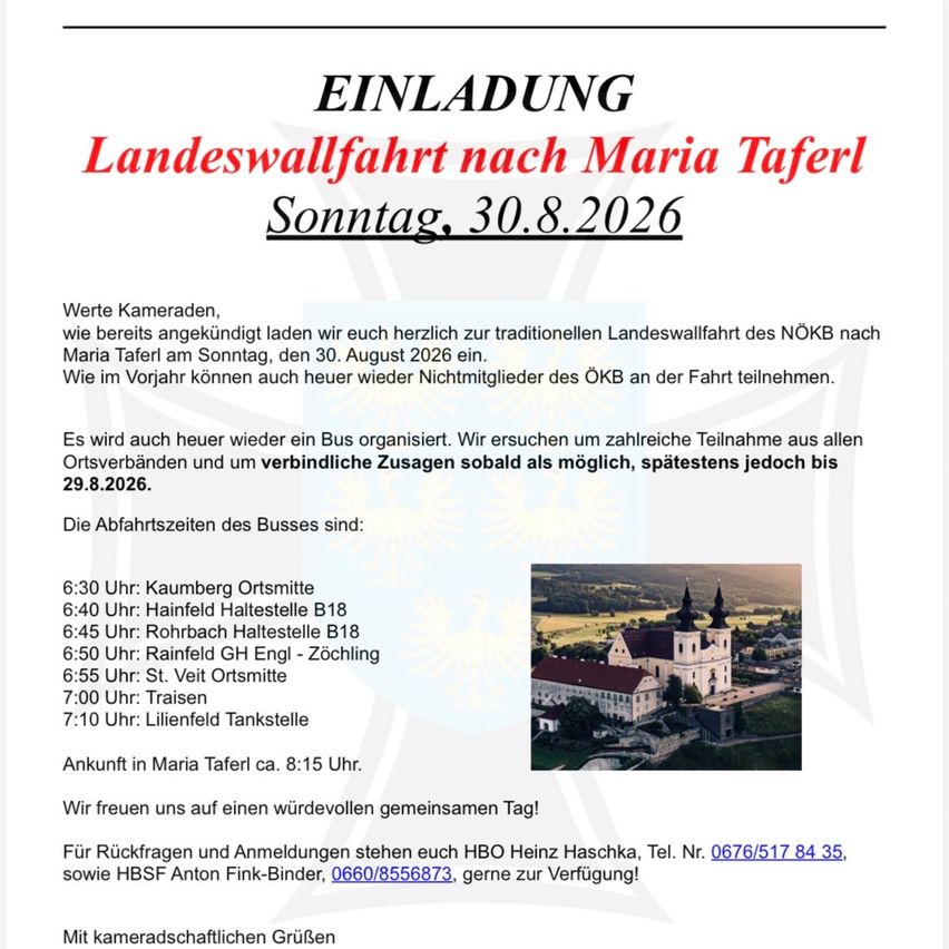 Plakat für eine traditionelle Landfahrt nach Maria Taferl am 30. August 2026. Es enthält Details zu Busabfahrtszeiten und ein szenisches Bild einer Kirche.