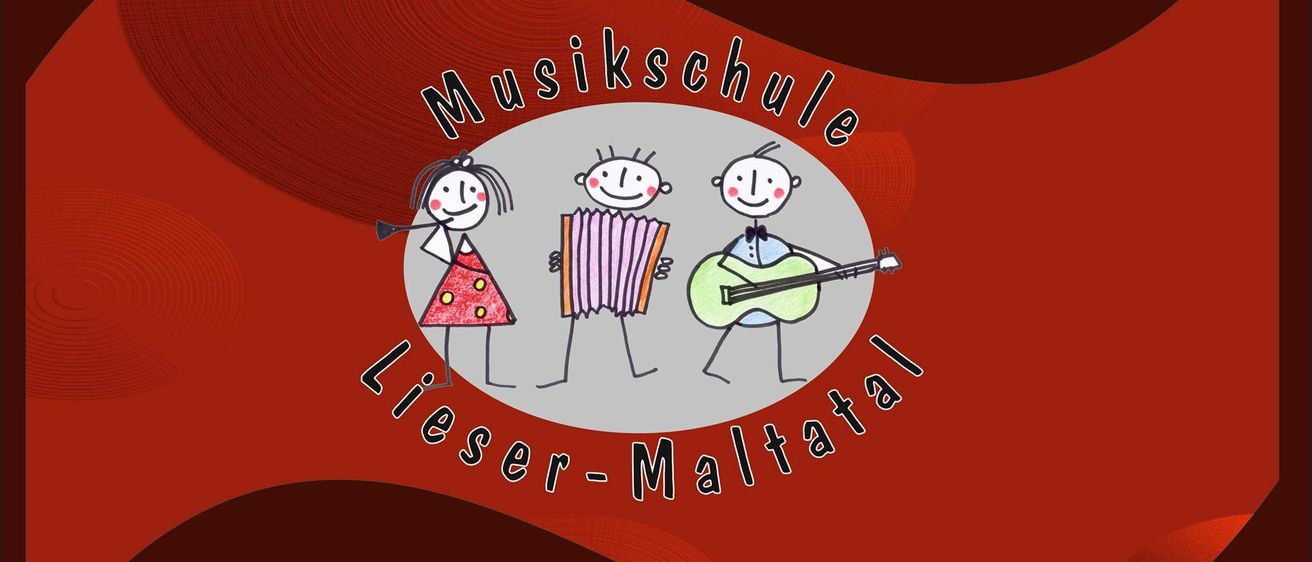 Illustration von drei Kindern, die Musik spielen, mit dem Text 'Musikschule Lieser-Maltatal' in der Mitte.