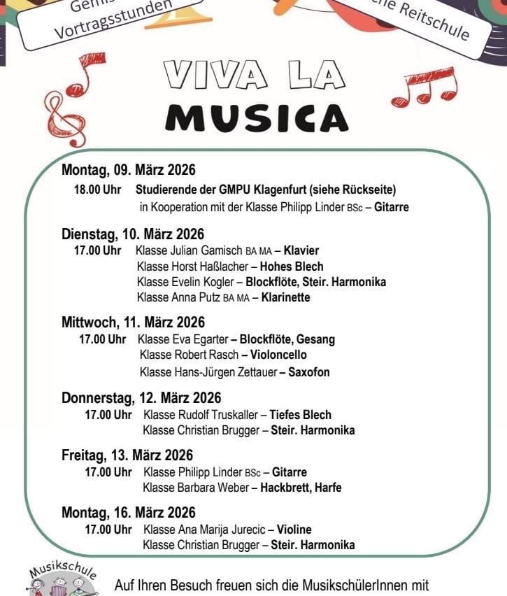 Plakat für Viva La Musica-Veranstaltung am 09.03.2026 um 18:00. Verschiedene Musikklassen sind für 10-13 März geplant. An jedem Tag findet eine andere Klasse mit spezifischen Instrumenten und Zeiten statt.