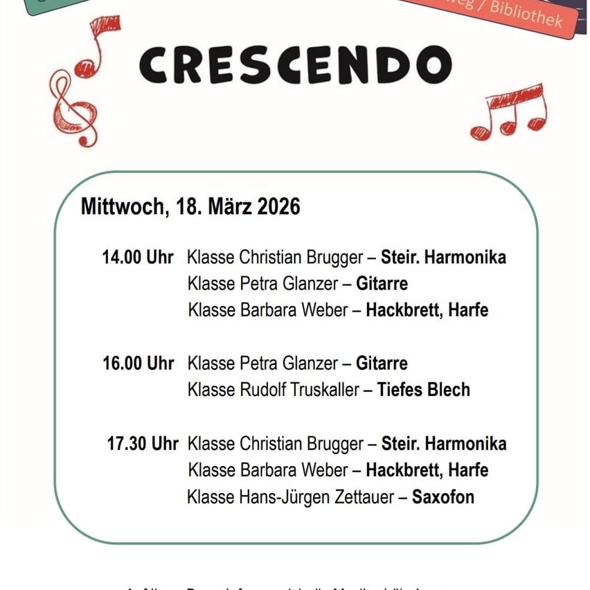Werbeposter für Crescendo-Veranstaltung am Mittwoch, 18. März 2026. Kurse von Christian Brugger, Petra Glanzer, Barbara Weber und Rudolf Truskaller zu verschiedenen Zeiten.