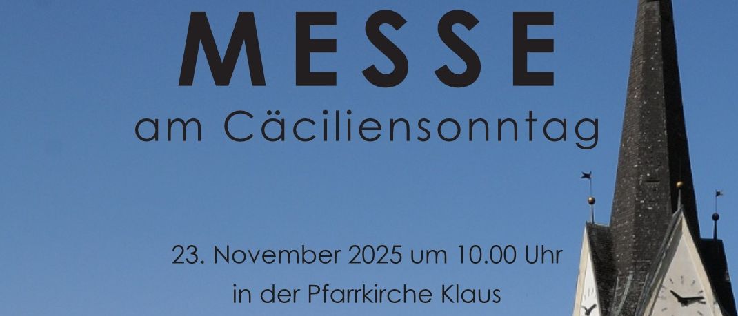 Poster for Christ Koenigs Messe on November 23, 2025 at 10:00 AM at the Klaus Church. Features a church steeple against a blue sky.