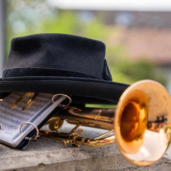 Bild enthält, Clothing, Hat, Sun Hat, Brass Section, Flugelhorn, Musical Instrument, Horn, Trumpet
