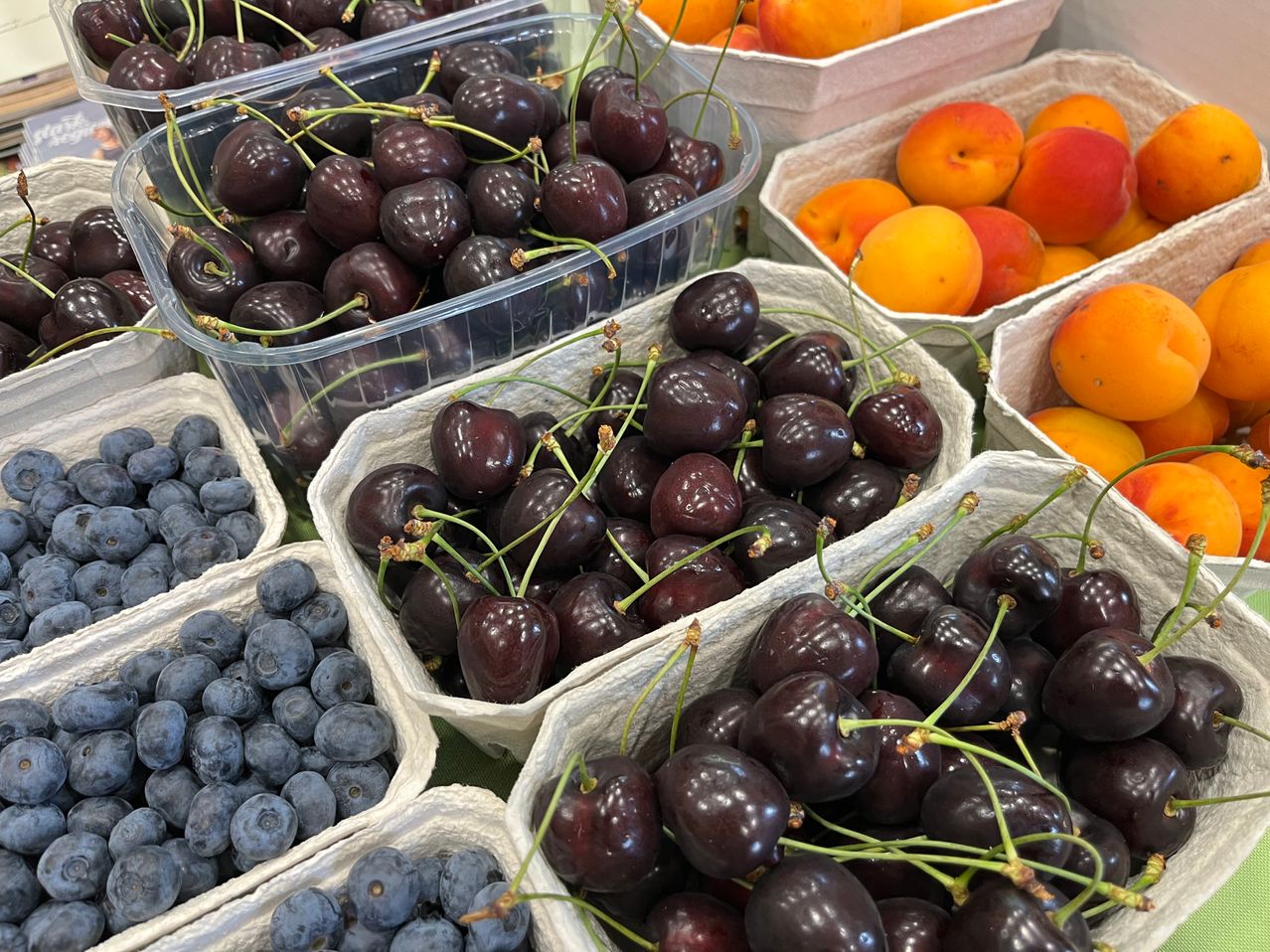 Verschiedene Plastikbehälter enthalten dunkle Kirschen, Blaubeeren und Aprikosen, wobei die Kirschen und Blaubeeren im Vordergrund und die Aprikosen im Hintergrund sind.