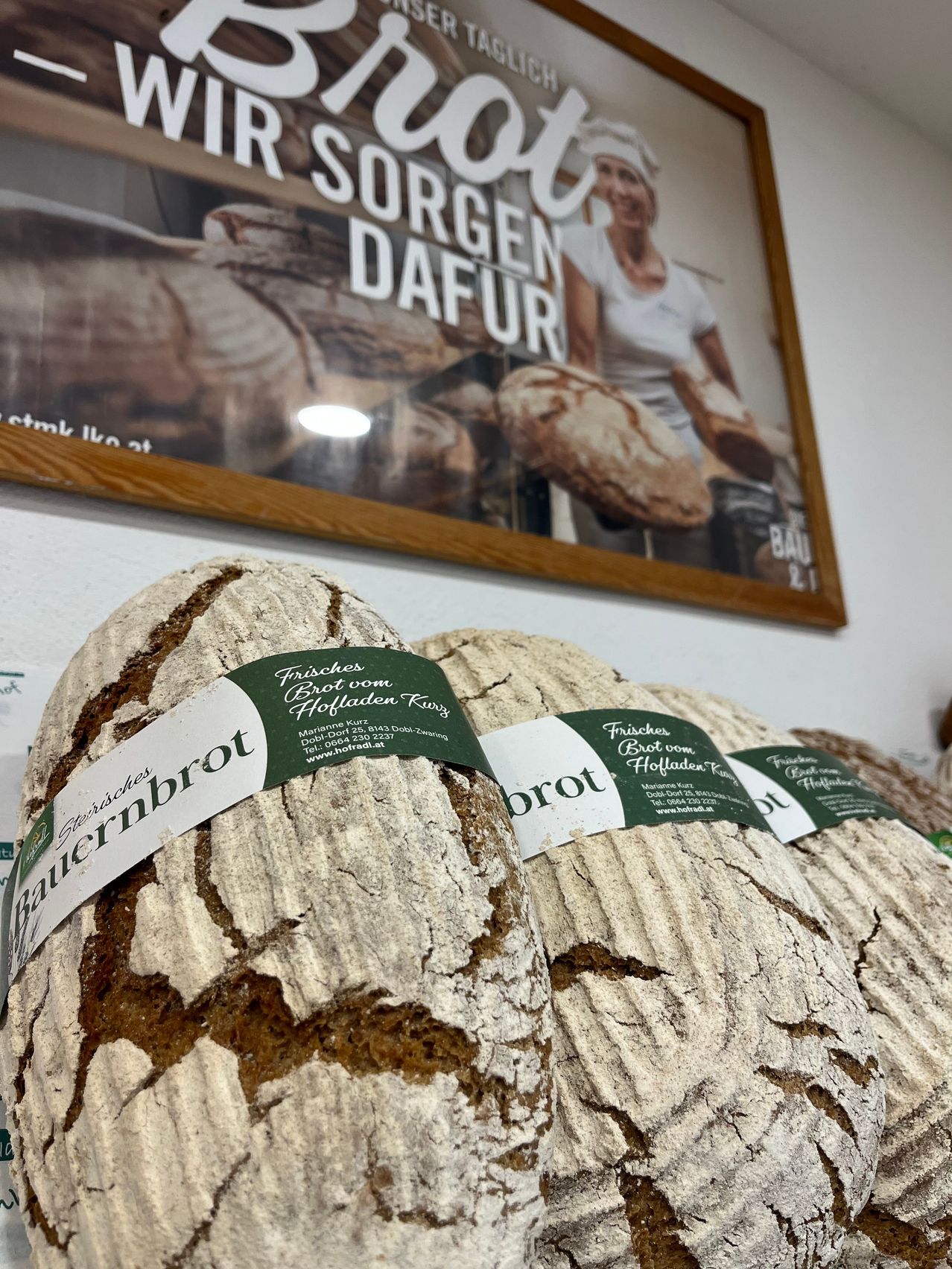 Ein Nahaufnahme von mehreren Laibe rustikalen Sauerteigbrots mit grünen und weißen Etiketten, präsentiert in einer Bäckerei mit einem gerahmten Poster im Hintergrund.