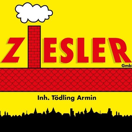Ein gelbes Plakat mit einem roten Schornstein oben und dem Wort 'ZIESLER' in fetten roten Buchstaben. Darunter steht 'Inh. Todtling Armin' in Schwarz. Der Hintergrund zeigt eine Stadtsilhouette.