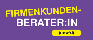 Hintergrund in Lila mit weisser Schrift, die Firmenkunden-Berater:IN und darunter (m/w/d) in Gelb steht. Ein Pfeil zeigt nach rechts.