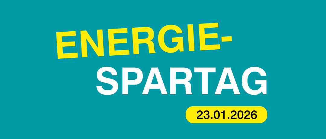 Ein türkisfarbener Hintergrund zeigt den Text 'ENERGIE-SPARTAG' in fetten gelben Buchstaben. Darunter steht das Datum '23.01.2026' in einem gelben Banner.