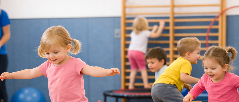 Kinder spielen auf hölzernen Balancebalken in einem Spielzimmer mit bunten Matten und Spielzeug. Ein Mädchen läuft auf einem Balken, während andere springen.