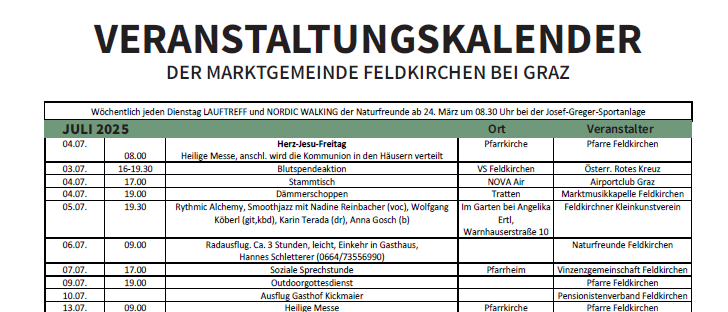 Veranstaltungskalender im Gasteinertal, Österreich. Termine und Uhrzeiten für religiöse Messen, kulturelle Veranstaltungen und Führungen. Veranstaltungen beinhalten öffentliche Reden, Prozessionen und besondere Messen. Veranstaltungsorte reichen von Kirchen bis hin zu verschiedenen Orten im Tal.