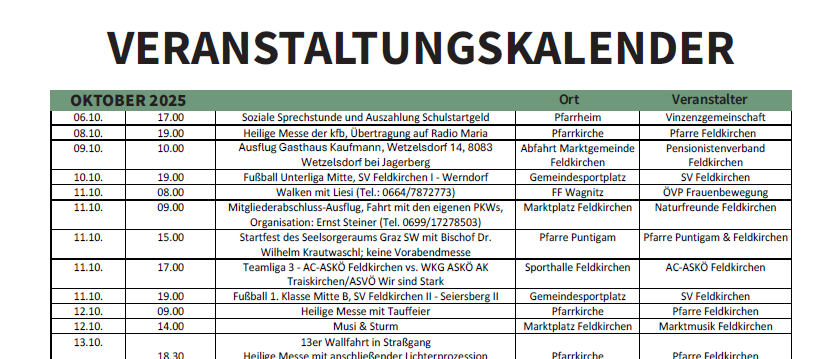 Das Bild zeigt einen Zeitplan für November 2025 mit verschiedenen Veranstaltungen in zwei Spalten. Die linke Spalte gibt Datum und Uhrzeit an, während die rechte Spalte Details zu den Veranstaltungen liefert, einschließlich Typen wie 'FF', 'OVP', 'Pfarrkirche' usw. Bemerkenswerte Veranstaltungen sind 'Walken mit Lies', 'Pfarrkirche' und 'OVP Frauenbewegung'.
