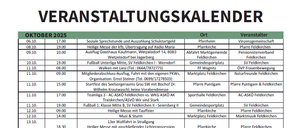 Das Bild zeigt einen Zeitplan für November 2025 mit verschiedenen Veranstaltungen in zwei Spalten. Die linke Spalte gibt Datum und Uhrzeit an, während die rechte Spalte Details zu den Veranstaltungen liefert, einschließlich Typen wie 'FF', 'OVP', 'Pfarrkirche' usw. Bemerkenswerte Veranstaltungen sind 'Walken mit Lies', 'Pfarrkirche' und 'OVP Frauenbewegung'.