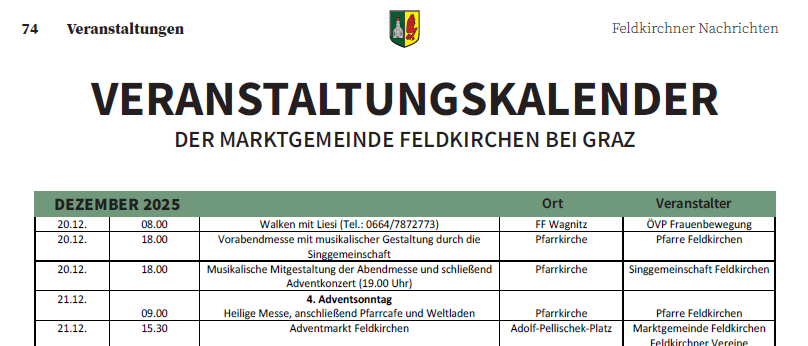 Das Bild zeigt einen Zeitplan für Dezember 2025 und Januar 2026. Es listet verschiedene Veranstaltungen mit Zeiten und Orten auf. Zu den Veranstaltungen gehören musikalische Aufführungen, Gottesdienste und soziale Zusammenkünfte. Die Orte sind hauptsächlich in der Pfarrkirche, mit einigen Veranstaltungen in anderen Kirchen.