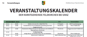 Das Bild zeigt einen Zeitplan für Dezember 2025 und Januar 2026. Es listet verschiedene Veranstaltungen mit Zeiten und Orten auf. Zu den Veranstaltungen gehören musikalische Aufführungen, Gottesdienste und soziale Zusammenkünfte. Die Orte sind hauptsächlich in der Pfarrkirche, mit einigen Veranstaltungen in anderen Kirchen.