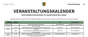 Die Tabelle listet Veranstaltungen für April 2026 auf, einschließlich Daten, Zeiten und Beschreibungen von Aktivitäten wie Sportveranstaltungen, Gemeindetreffen und kulturellen Aktivitäten. Die Veranstaltungen reichen von Fußballspielen bis hin zu Vorträgen und Workshops.
