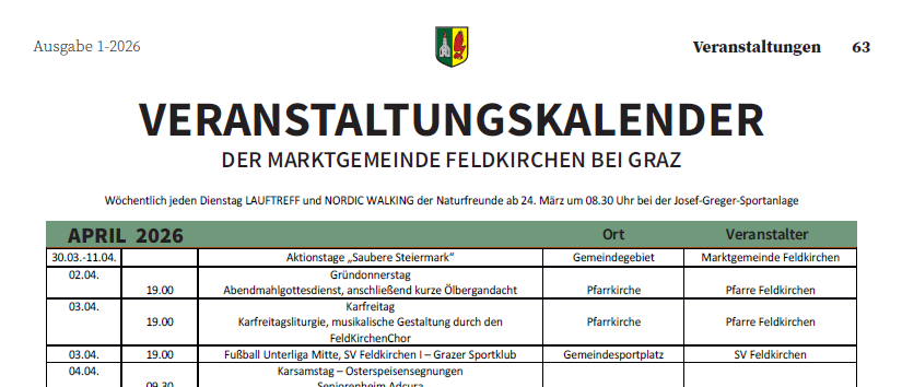 Die Tabelle listet Veranstaltungen für April 2026 auf, einschließlich Daten, Zeiten und Beschreibungen von Aktivitäten wie Sportveranstaltungen, Gemeindetreffen und kulturellen Aktivitäten. Die Veranstaltungen reichen von Fußballspielen bis hin zu Vorträgen und Workshops.
