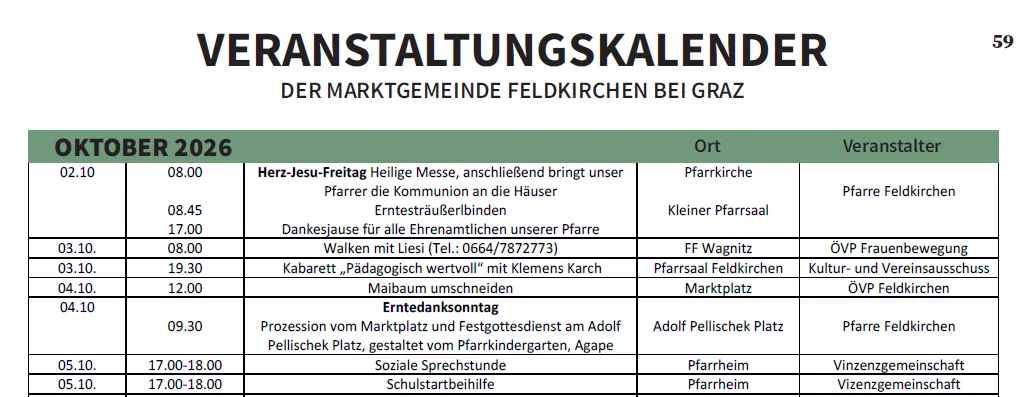 Ein Veranstaltungskalender für das Jahr 2026 der Marktgemeinde Feldkirchen bei Graz, Österreich. Er listet verschiedene religiöse und gemeinschaftliche Aktivitäten auf, einschließlich Heiliger Messe, Prozessionen und soziale Zusammenkünfte.