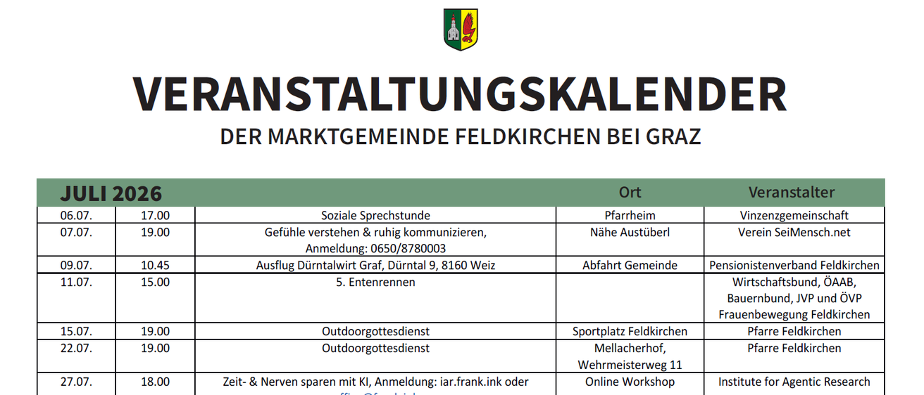 Das Bild zeigt einen Veranstaltungskalender für die Gemeinde Feldkirchen bei Graz mit Informationen zu sozialen Gesprächen, Outdoor-Gottesdiensten und Workshops.