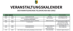 Das Bild zeigt einen Veranstaltungskalender für die Gemeinde Feldkirchen bei Graz mit Informationen zu sozialen Gesprächen, Outdoor-Gottesdiensten und Workshops.