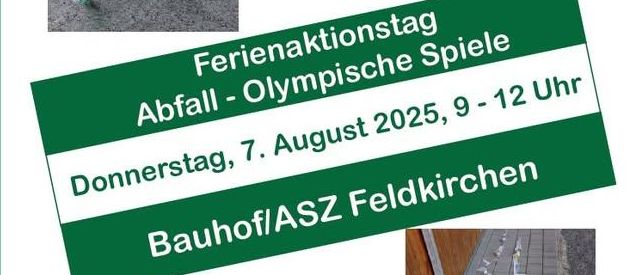 Plakat für eine Abfallrecycling-Veranstaltung am 7. August 2025, von 9-12 Uhr. Kostenloser Workshop für Kinder im Alter von 7-13 Jahren. Getränke und Erfrischungen werden von der Gemeinde bereitgestellt.