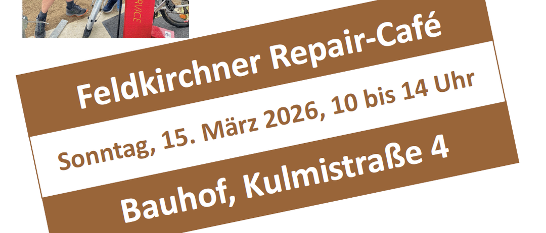 Bild von zwei Männern, die ein Fahrrad reparieren, mit einem Logo, das 'Café Repair' und einen braunen Banner mit Text auf Deutsch zeigt.