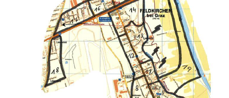 Eine Karte zeigt den Aufbau einer Marktgemeinde für die Flurreinigungsaktion. Die Karte ist in Bereiche mit Nummern und Straßennamen unterteilt. Der Text 'Saulermacher' ist unten links angezeigt. Die Karte ist in Gelb und Schwarz gehalten.