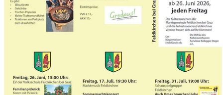 Der Flyer listet mehrere Veranstaltungen auf, darunter einen italienischen Abend, ein Familienpicknick, einen Familienabend, einen kleinen Kunstwettbewerb und ein Sommernachtskonzert. Jede Veranstaltung hat ein Datum, eine Uhrzeit und eine kurze Beschreibung.