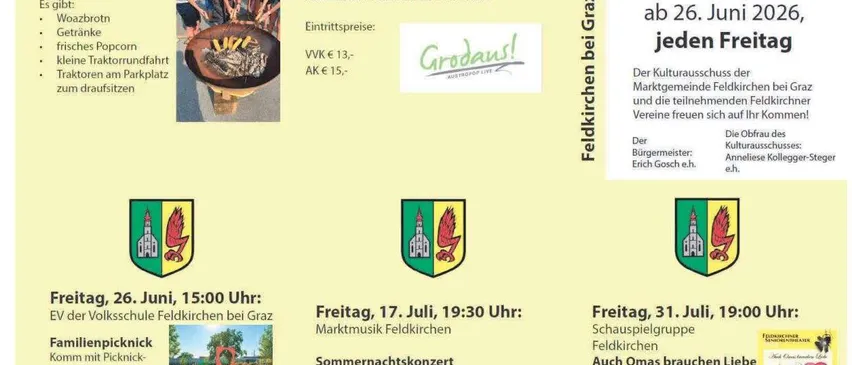 Der Flyer listet mehrere Veranstaltungen auf, darunter einen italienischen Abend, ein Familienpicknick, einen Familienabend, einen kleinen Kunstwettbewerb und ein Sommernachtskonzert. Jede Veranstaltung hat ein Datum, eine Uhrzeit und eine kurze Beschreibung.