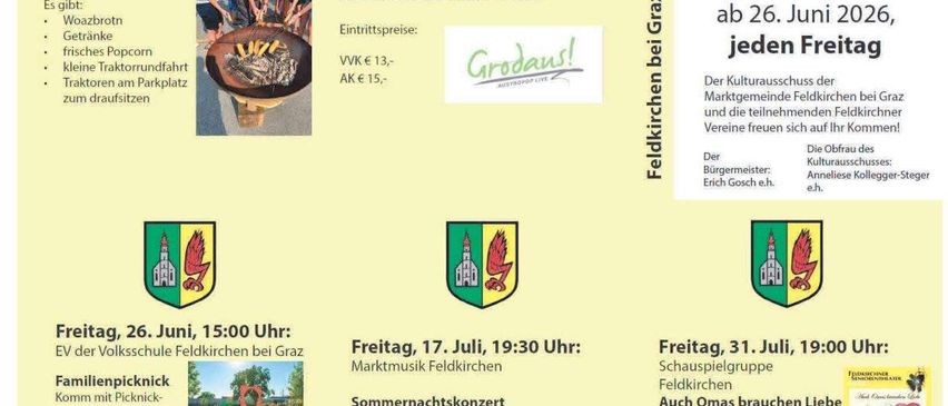 Der Flyer listet mehrere Veranstaltungen auf, darunter einen italienischen Abend, ein Familienpicknick, einen Familienabend, einen kleinen Kunstwettbewerb und ein Sommernachtskonzert. Jede Veranstaltung hat ein Datum, eine Uhrzeit und eine kurze Beschreibung.