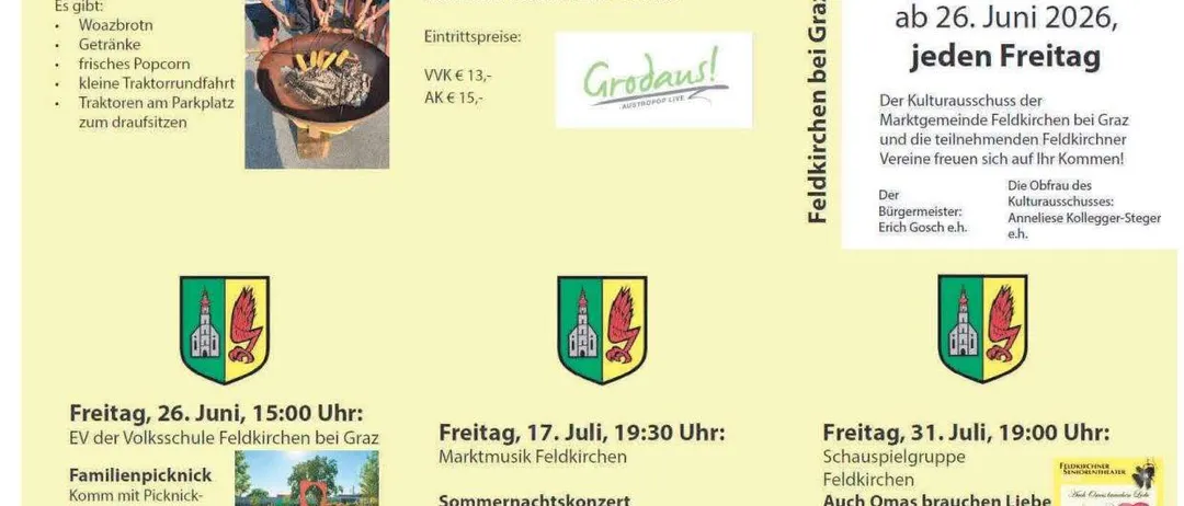 Der Flyer listet mehrere Veranstaltungen auf, darunter einen italienischen Abend, ein Familienpicknick, einen Familienabend, einen kleinen Kunstwettbewerb und ein Sommernachtskonzert. Jede Veranstaltung hat ein Datum, eine Uhrzeit und eine kurze Beschreibung.