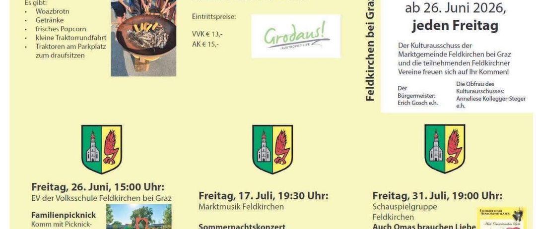 Der Flyer listet mehrere Veranstaltungen auf, darunter einen italienischen Abend, ein Familienpicknick, einen Familienabend, einen kleinen Kunstwettbewerb und ein Sommernachtskonzert. Jede Veranstaltung hat ein Datum, eine Uhrzeit und eine kurze Beschreibung.