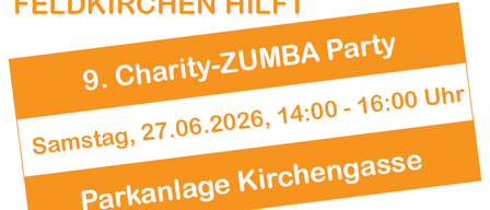 Plakat für die 9. Charity-Zumba-Party am Samstag, 27.06.2026, von 14:00 bis 16:00 Uhr am Parkplatz Kirchengasse.