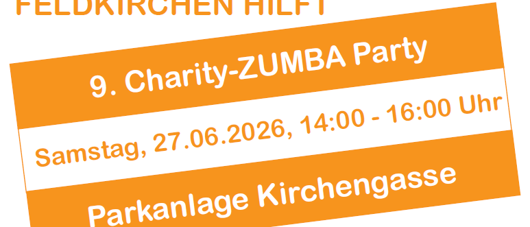 Plakat für die 9. Charity-Zumba-Party am Samstag, 27.06.2026, von 14:00 bis 16:00 Uhr am Parkplatz Kirchengasse.
