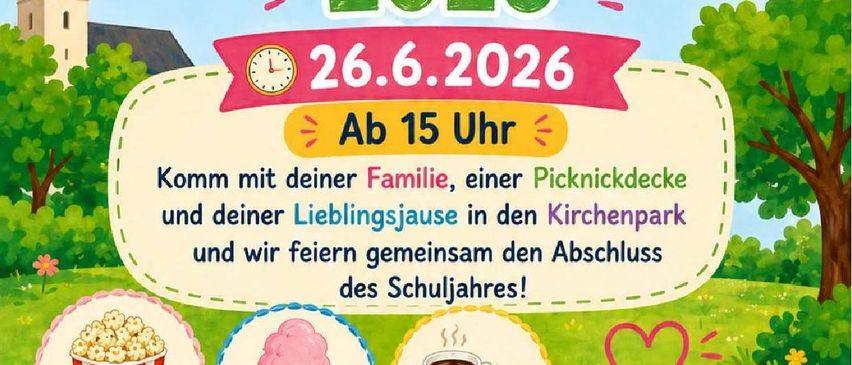 Plakat für die Kultursommer 2026 Veranstaltung, mit einer Kirche, Kindern und einem Familienpicknick. Datum: 26. Juni 2026, Beginn um 15 Uhr. Genießen Sie Popcorn, Zuckerwatte, Kaffee, Kuchen und Eis.