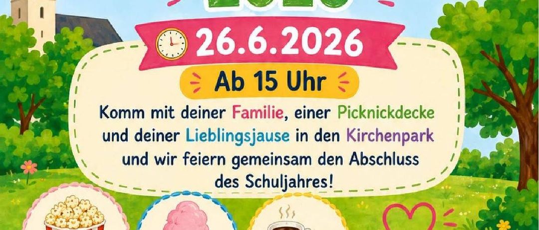 Plakat für die Kultursommer 2026 Veranstaltung, mit einer Kirche, Kindern und einem Familienpicknick. Datum: 26. Juni 2026, Beginn um 15 Uhr. Genießen Sie Popcorn, Zuckerwatte, Kaffee, Kuchen und Eis.